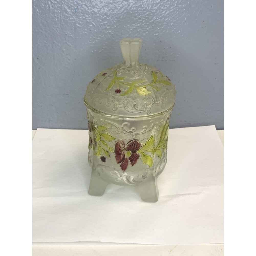 1890's Bohemian Floral Frosted Satin Victorian Glass Biscuit Jar EAPG Antique